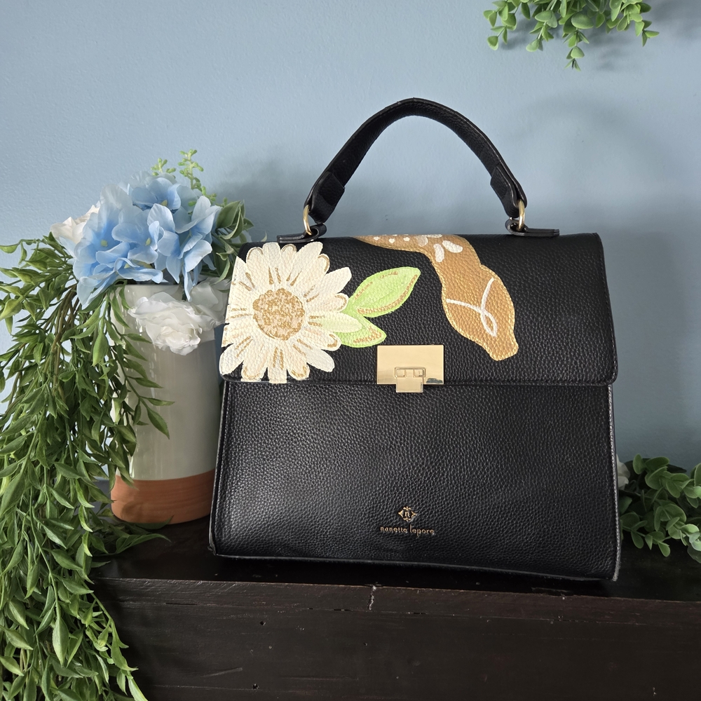 Women's Black Leather Handbag with Floral Design